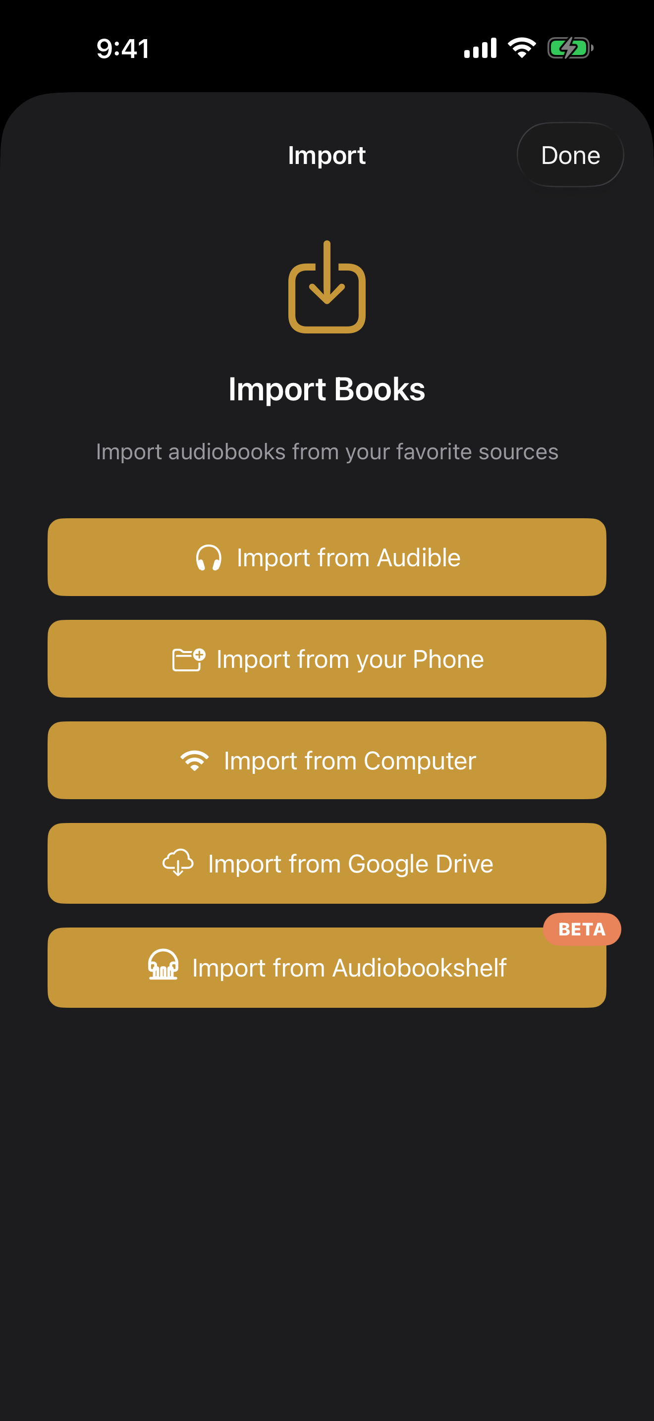 Bloox import sheet with Import from Audible shown as the first audiobook source option