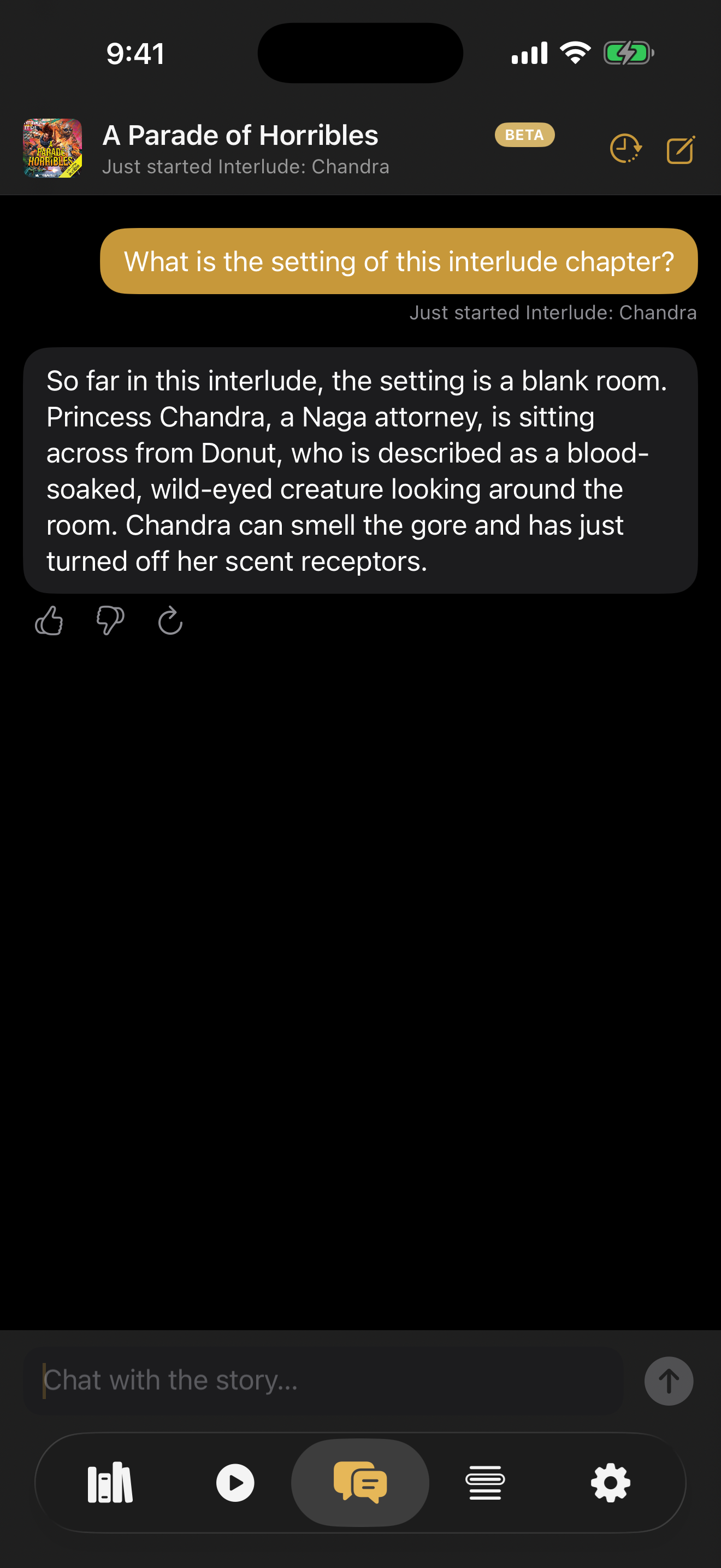 Bloox Book Chat beta answering a spoiler-safe question about the setting of the current audiobook chapter