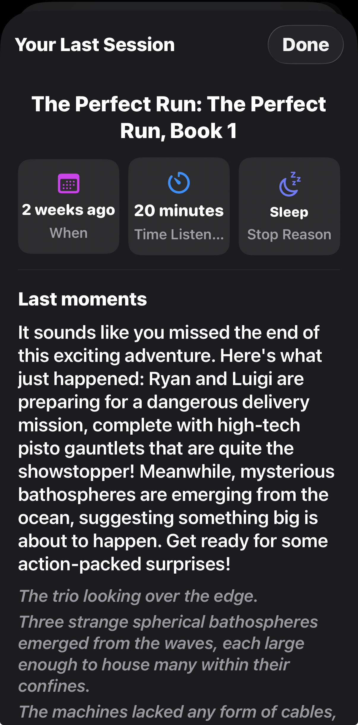 Bloox &lsquo;What Did I Miss?&rsquo; recap screen showing an AI-generated bullet-point summary of the last few minutes of an audiobook