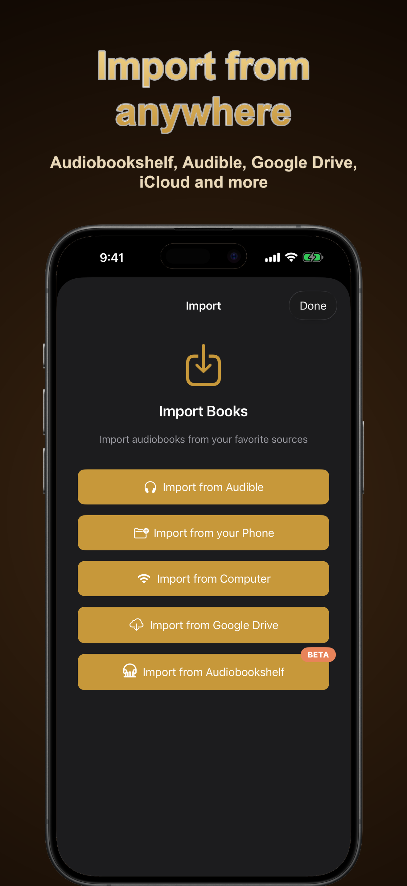 Import audiobooks from Google Drive or device